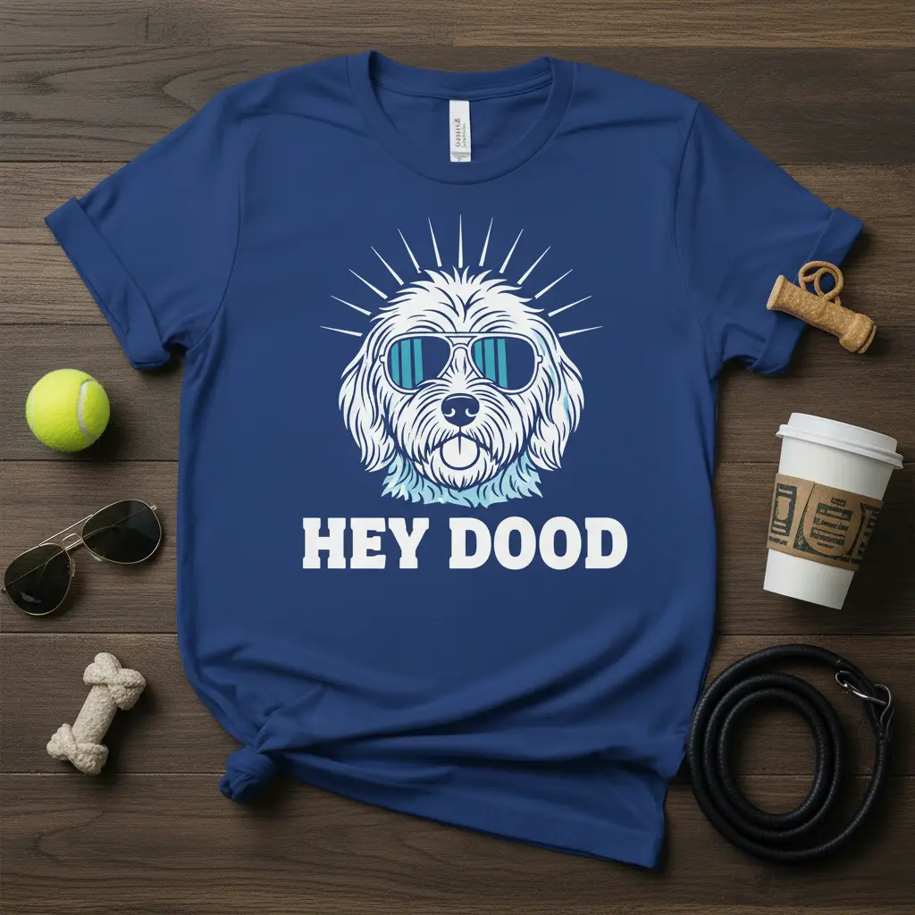 Hey Dood text with a cool doodle dog wearing sunglasses on a blue t-shirt