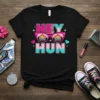 Black t-shirt with "Hey Hun" text and pink retro sunglasses graphic with stars, vibrant colors