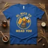 Hi, Nice to Mead You text with a cute bee stirring honey in a pot, surrounded by honeycomb and wheat
