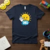 Dark navy Hi Sun Wave T-Shirt with a smiling sun graphic waving hello and saying "Hi"