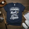 Baseball mom t-shirt with "Hide Your Diamond My Kid Steals" text and a graphic of a baseball player sliding