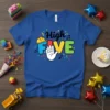 High FIVE text with construction hat and hand graphic on a blue t-shirt, celebrating a 5th birthday