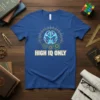 Blue t-shirt with "HIGH IQ ONLY" text and a stylized brain graphic with gears, representing intelligence and smarts