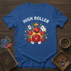 High Roller text with a large red D20 die, playing cards, and gold coins graphic on a blue t-shirt