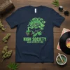T-shirt with "HIGH SOCIETY GANJA CULTURE EST. 1969" text, featuring a skull smoking from a pipe with cannabis leaves and