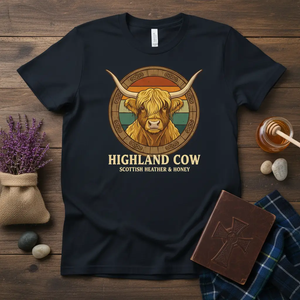 Highland Cow Scottish Heather & Honey text with a vintage illustration of a Highland cow's head
