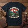 Highland Heart Celtic Soul t-shirt design with a jumping stag, Scottish landscape, sword, and Celtic knotwork border