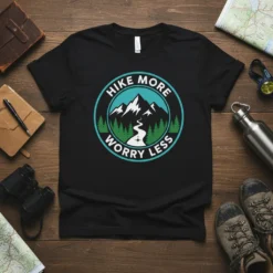 Hike More Worry Less quote on a black t-shirt with a circular mountain and forest graphic