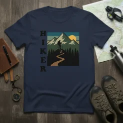 Navy blue t-shirt featuring the word HIKER vertically next to a square graphic of a lone hiker on a mountain