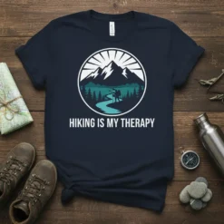 Hiking Is My Therapy quote on a navy t-shirt with a circular mountain and forest graphic