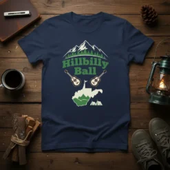 Navy blue t-shirt featuring "Hillbilly Ball" text, two guitars, and a West Virginia map graphic with mountains and tents
