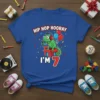 Hip Hop Hooray I'm 7 design with a green chameleon DJ, balloons, and confetti on a blue t-shirt