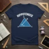 Navy blue t-shirt with "HIPPOTENUSE" text above a right triangle graphic, labeled A, B, and C, highlighting the hypotenuse