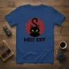 Hiss Off black cat graphic t-shirt with yellow eyes and red circle background
