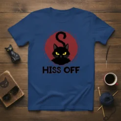 Hiss Off black cat graphic t-shirt with yellow eyes and red circle background