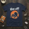 Hiss off! funny black cat t-shirt design with a circular orange background and lightning bolt eyes