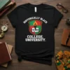 Black t-shirt with "Historically Black College University" text and a crest featuring a torch and open book