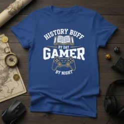 History Buff By Day Gamer By Night t-shirt with text and gaming controller graphic