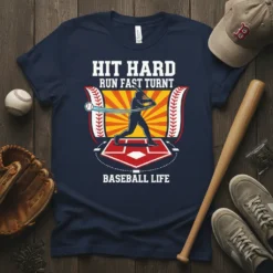 Baseball player swinging bat with text HIT HARD RUN FAST TURNT BASEBALL LIFE on navy t-shirt