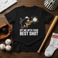 Black t-shirt with white text "HIT ME WITH YOUR BEST SHOT" and a cartoon cat playing baseball