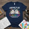 Navy blue t-shirt with "Language Is Art HIV Coloring Book" text, an open book graphic with paint brushes, and "Rhynah
