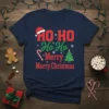 Navy blue t-shirt with "HO HO Ho Ho Merry Merry Christmas" text, Santa hat, candy cane, and Christmas tree graphic