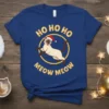 Ho Ho Ho Meow Meow Christmas T-Shirt featuring a jumping Siamese cat in a Santa hat