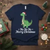 A green dinosaur wearing a Santa hat is wrapped in colorful Christmas lights on this Ho Ho Ho Merry Christmas