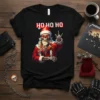 HO HO HO text above a skeleton Santa Claus graphic wearing a Santa hat and sunglasses, giving a rock hand