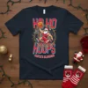 HO HO HOOPS SANTA'S SLAMMIN! text with Santa performing a slam dunk on a basketball hoop, festive graphic design