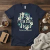 Navy t-shirt with "hoa hoa hoa hoa season" text surrounded by a floral wreath in cream and teal colors