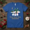 Blue t-shirt with "hoa hoa hoa season" text and three snowmen wearing Santa hats and scarves