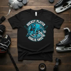 Hockey Player Goalie Save t-shirt design featuring two hockey players and text