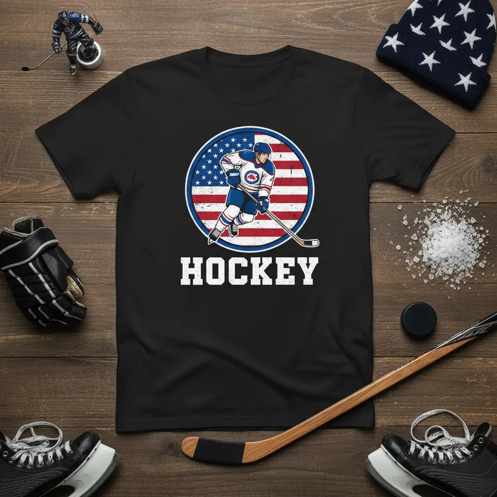 Hockey Player Usa Flag T-Shirt American Sports Fan Gift