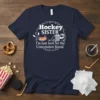 Hockey SISTER I'm just here for the Concession Stand text with graphics of hot dog, popcorn, and drink on navy