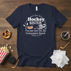 Hockey SISTER I'm just here for the Concession Stand text with graphics of hot dog, popcorn, and drink on navy