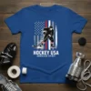 Hockey USA American Spirit t-shirt design with a hockey player graphic and distressed US flag
