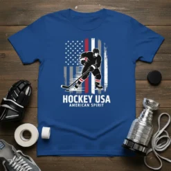 Hockey USA American Spirit t-shirt design with a hockey player graphic and distressed US flag