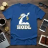 HODL text with a flexing arm graphic holding a rising chart and dollar sign on a blue t-shirt