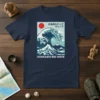 HOKKAIDO BIG WAVE Japanese art t-shirt design featuring a large blue wave, red sun, and Mount Fuji