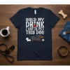 Hold My Drink I Gotta Pet This Dog text with dachshund and westie graphics on a navy blue t-shirt