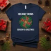 Holiday Bows Season's Greetings text with a festive plaid bow graphic on a navy blue t-shirt