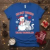 Holiday Buddies Winter Wonderland t-shirt with a cute cat and snowman graphic, featuring festive snowflakes and red text
