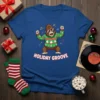 Holiday Groove text with a dancing gorilla wearing a festive Christmas sweater and sunglasses, on a blue t-shirt