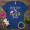 Holy Cow I'M 44 four birthday t-shirt design with cow print numbers, cactus, cowboy boots, and pink cowgirl hat