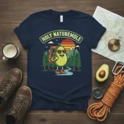 Holy Naturemole text above a cartoon avocado character hiking in a forest scene with mountains and sunset