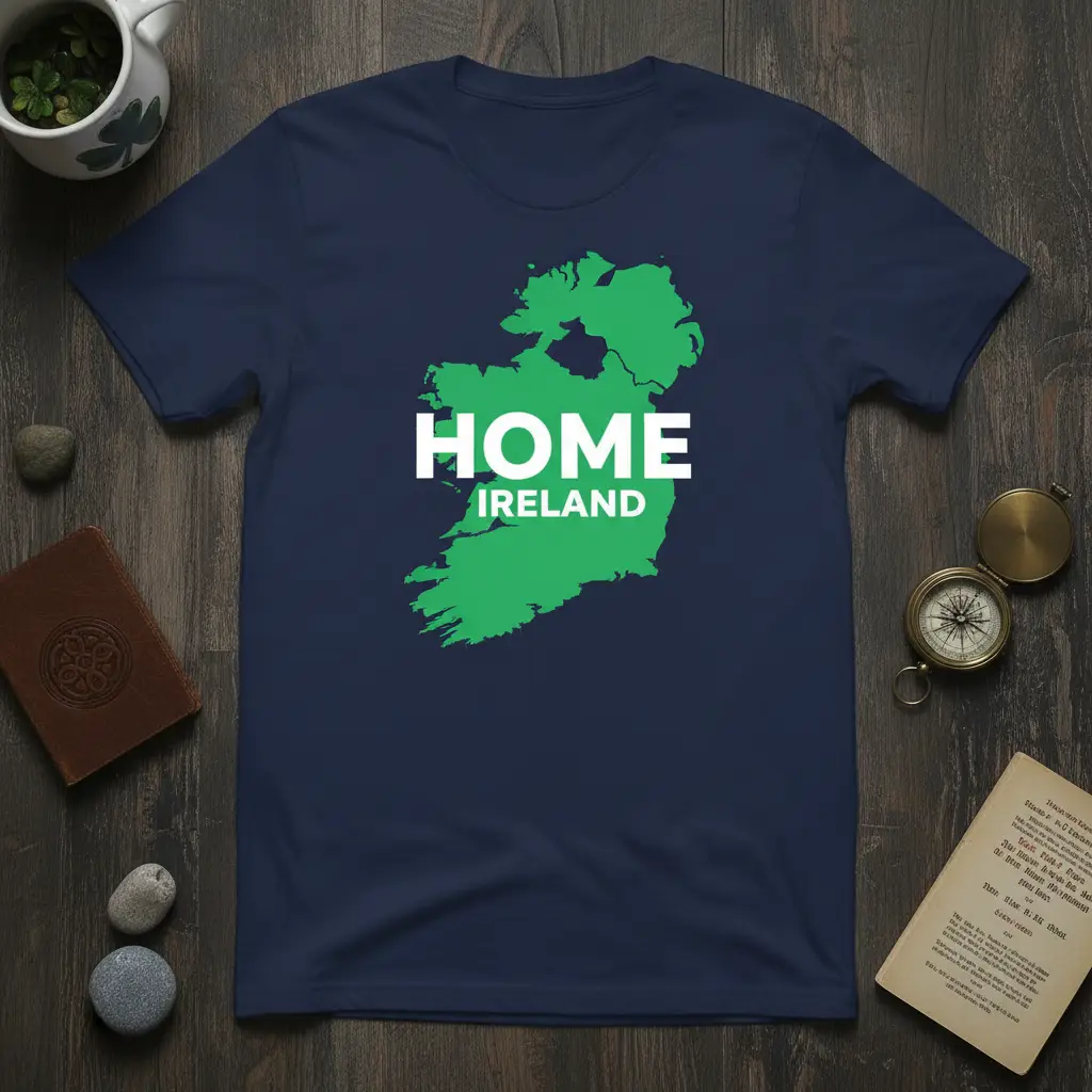 Green map of Ireland with white HOME IRELAND text on a navy t-shirt