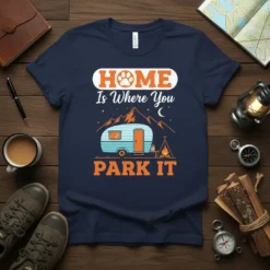 Home Is Where You Park It text with camper graphic, paw print, mountains, and campfire design on a navy t-shirt