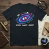 Home Sweet Home text with a circular graphic featuring a location pin and an arrow, on a black t-shirt