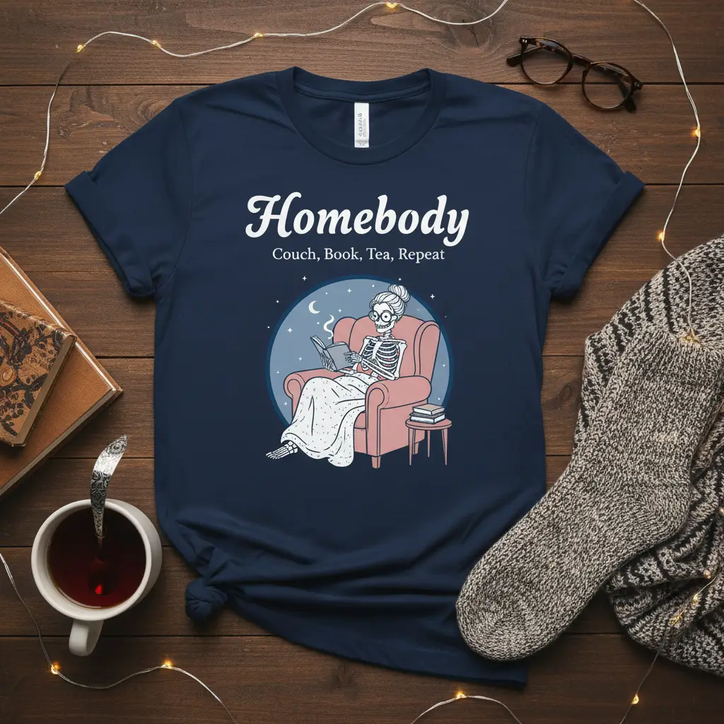 Homebody Couch Book Tea Repeat Skeleton T-Shirt